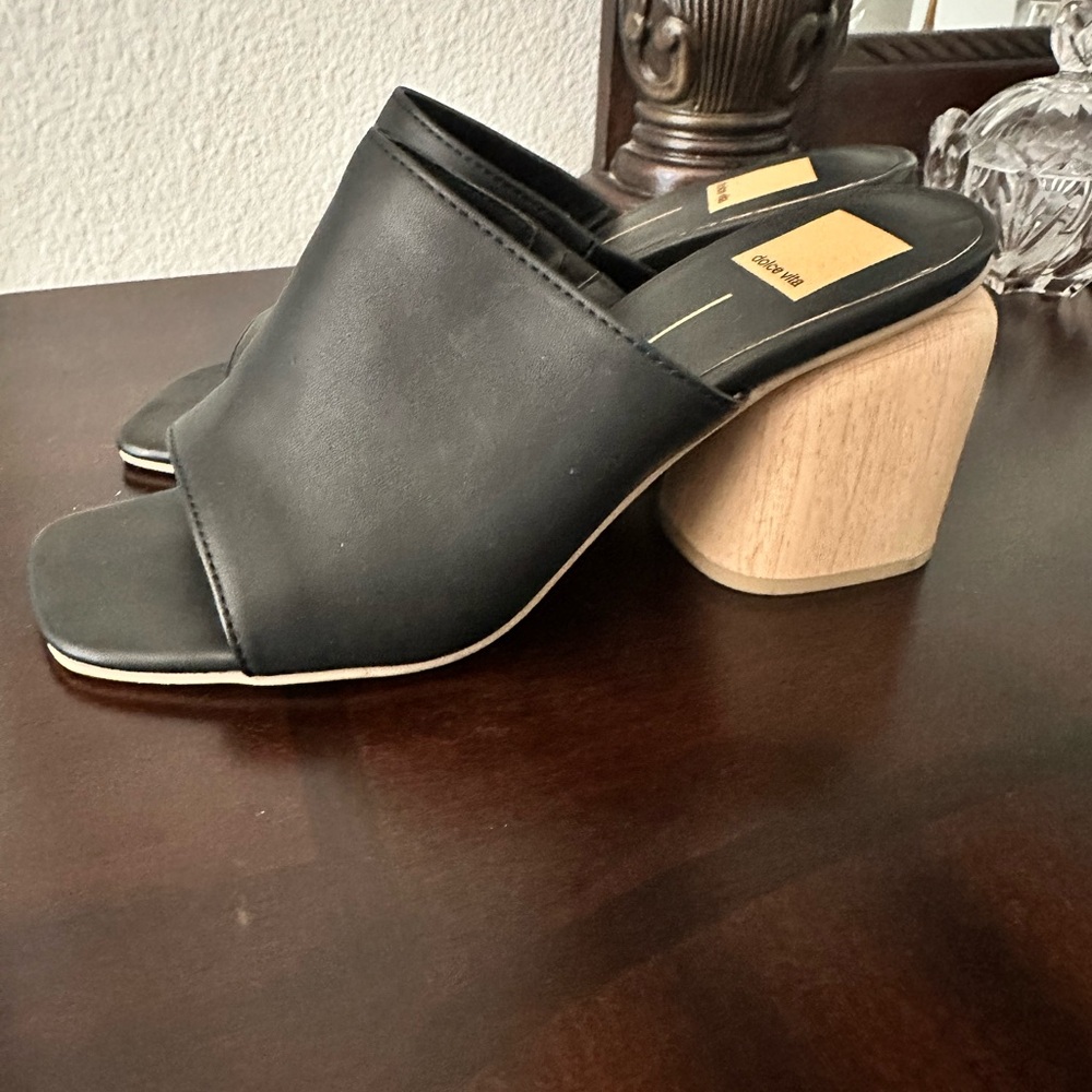 DOLCE VITA Black Leather Mules with Wooden Heel